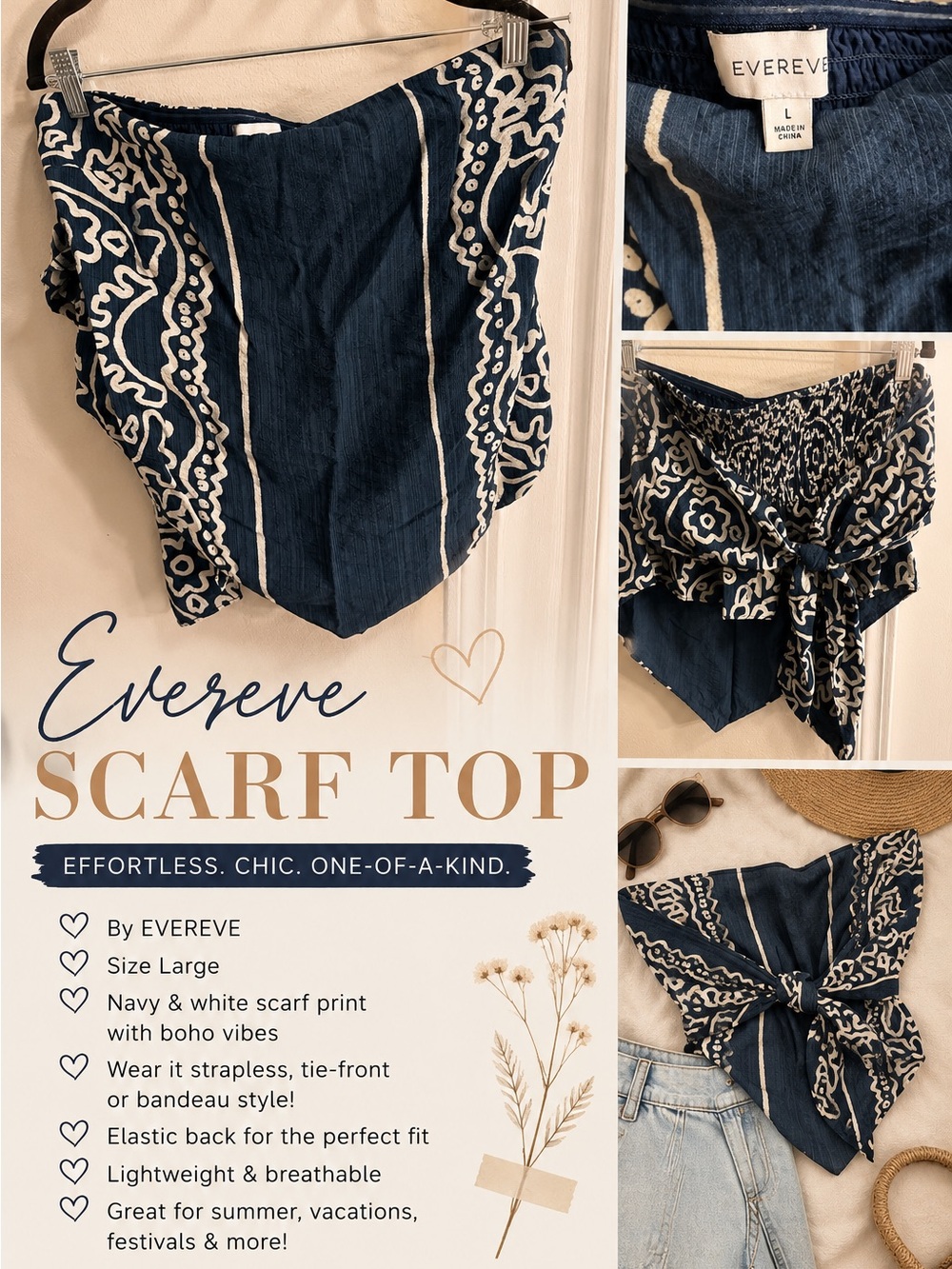 Evereve Navy and White Scarf Top